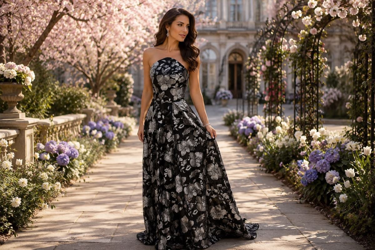 Mother of the bride floral black silver gown in spring garden