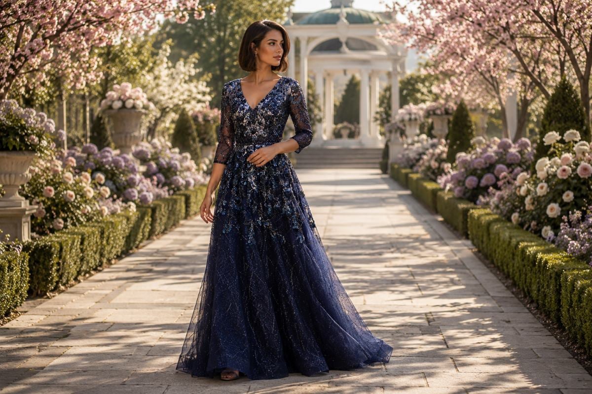 Navy mother of the bride A-line gown in spring garden
