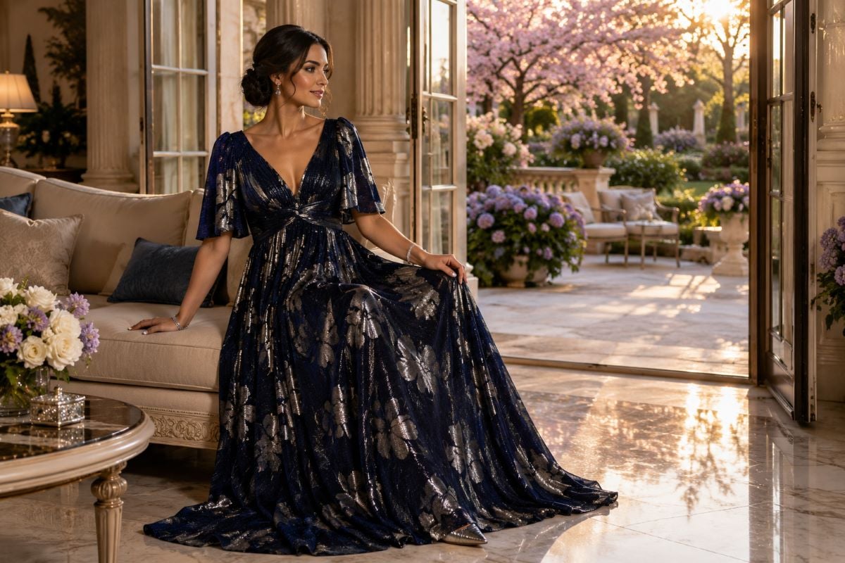 Mother of bride navy floral gown on spring terrace