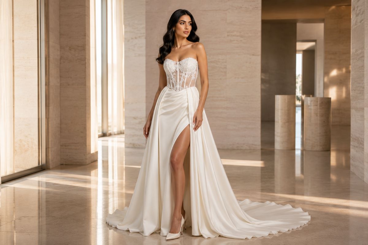 Strapless A-line wedding dress with corset bodice and front slit
