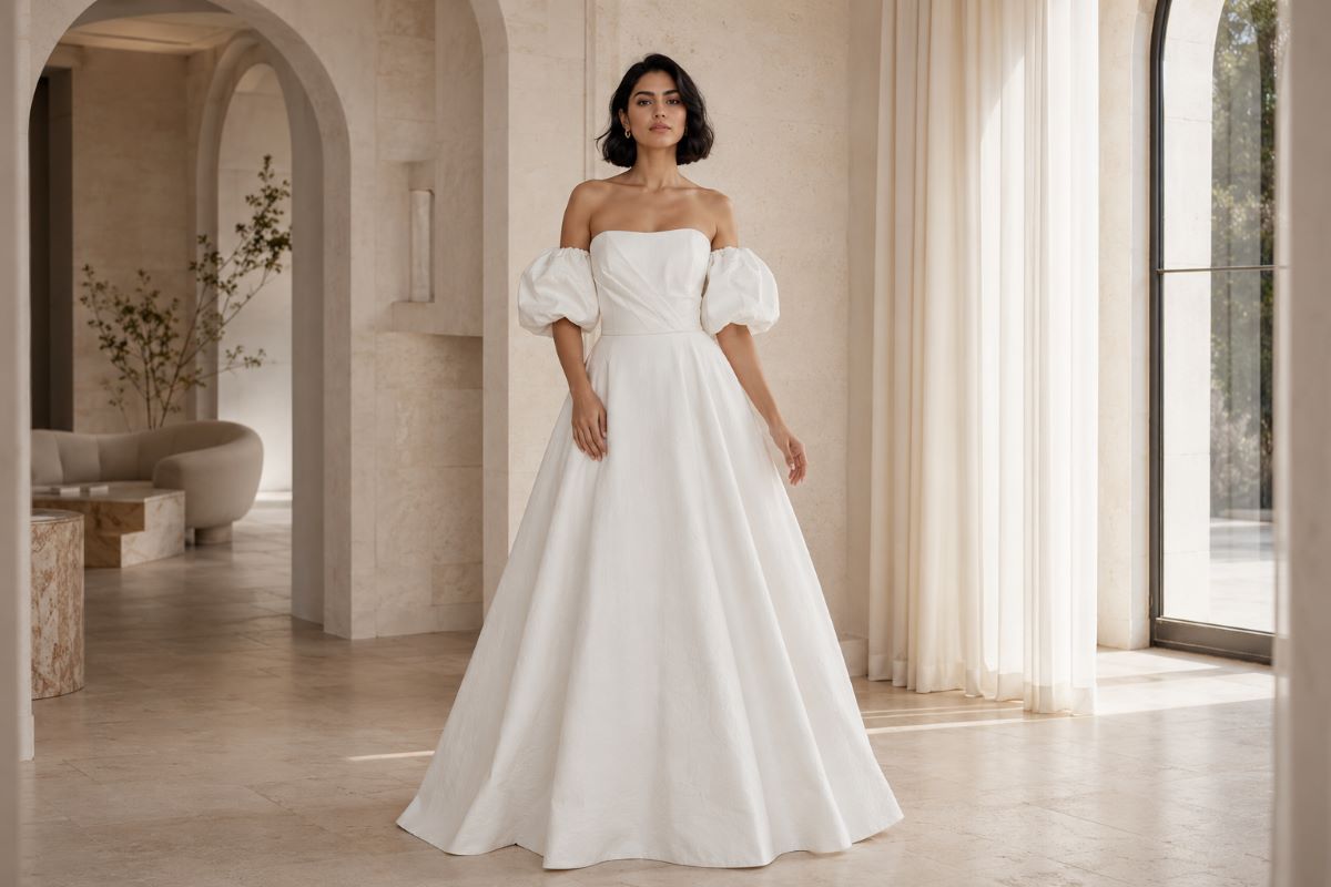 Strapless A-line wedding dress with puff sleeves and draped bodice