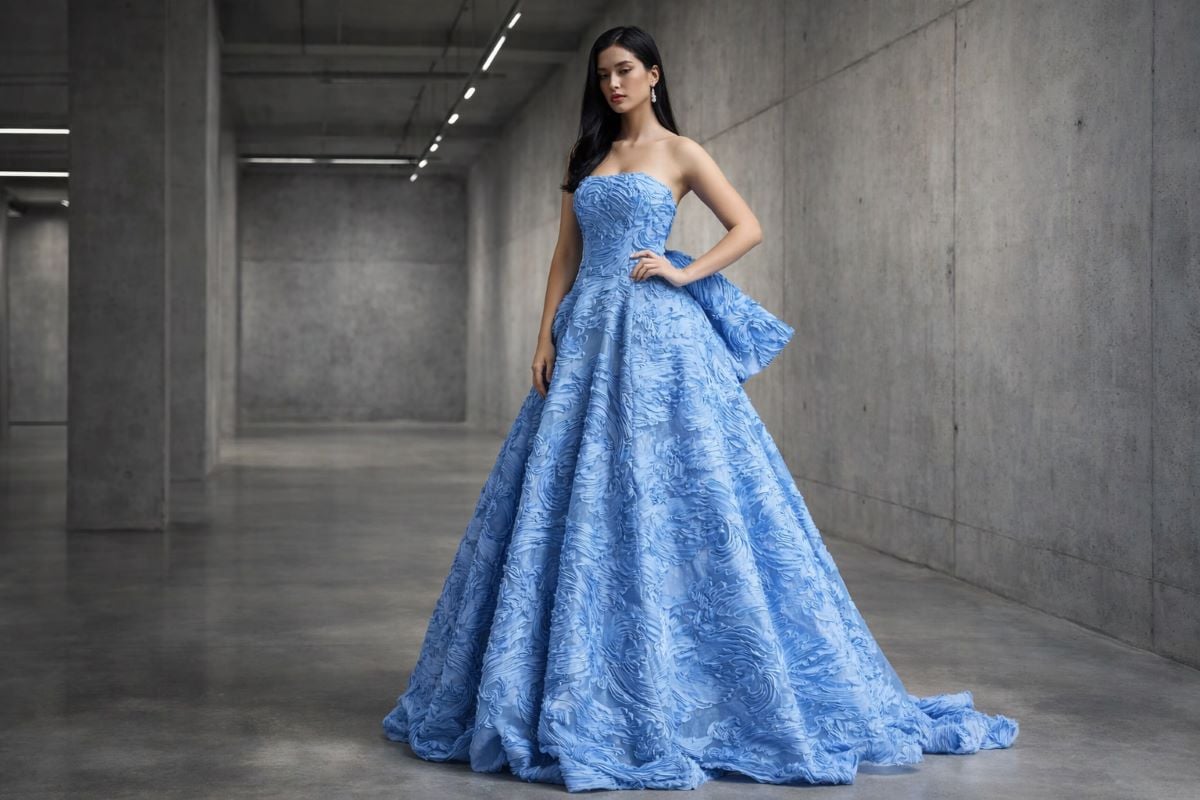 Strapless blue ball gown with defined waist