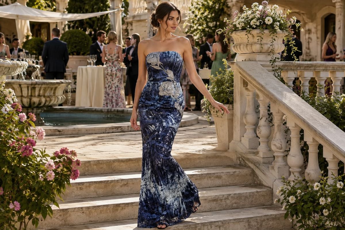 Strapless blue summer wedding guest gown