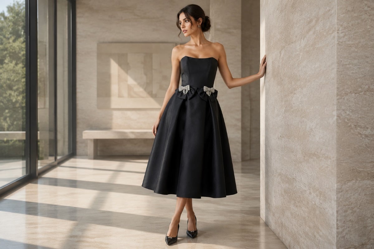 Strapless black bow midi dress, luxury editorial scene