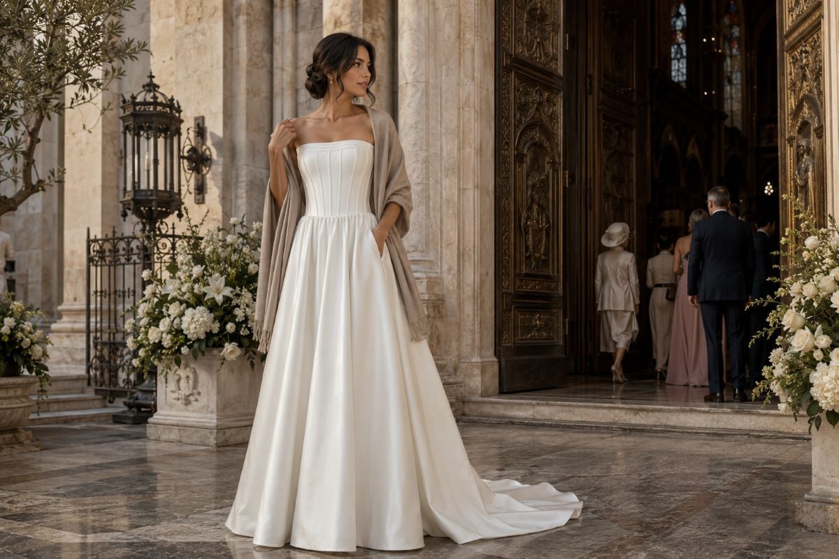Strapless ceremony gown with elegant wrap