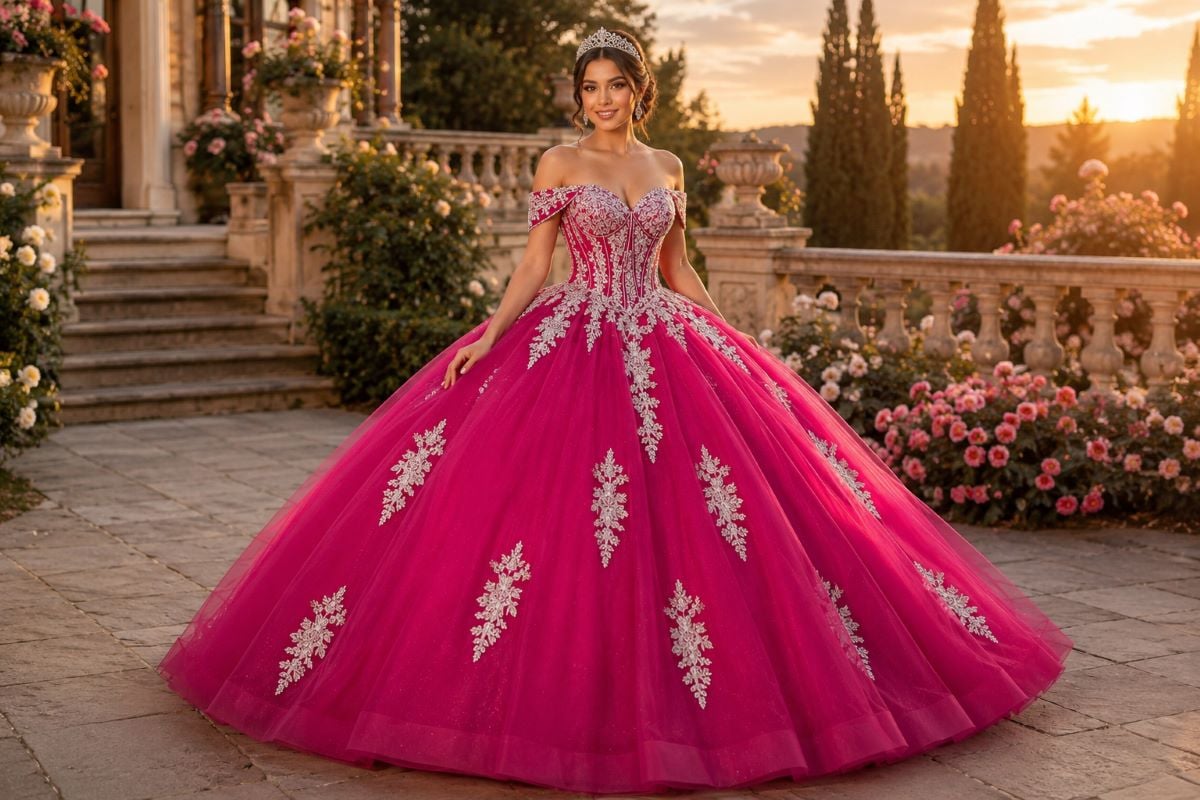 Fuchsia quinceañera gown with structured corset bodice