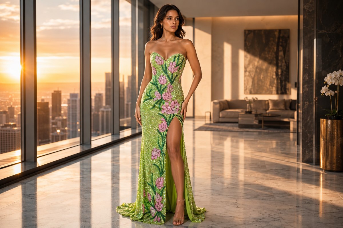 Strapless embellished gown with high slit silhouette