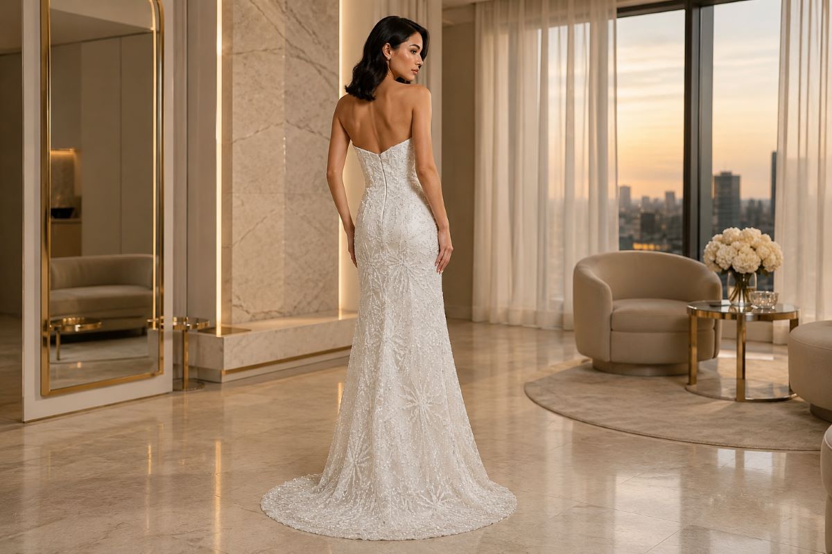 Strapless embroidered wedding dress with open back detail