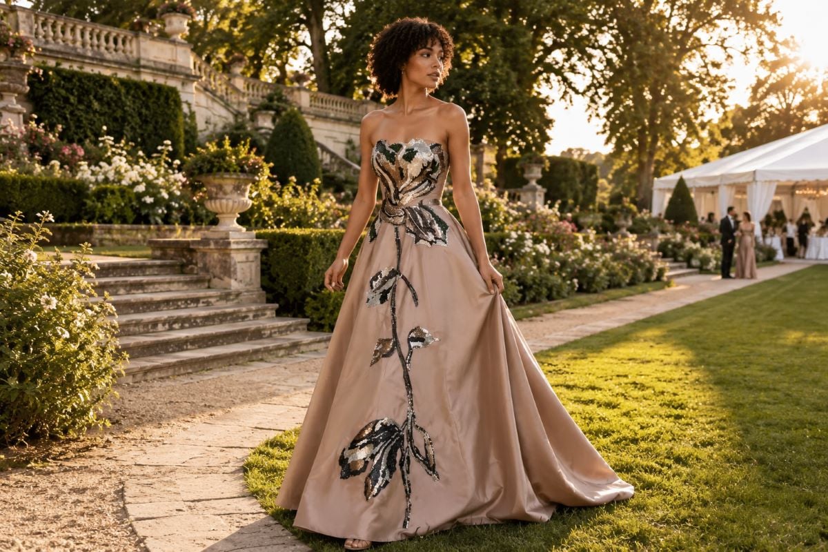 Strapless gown outdoor garden wind editorial