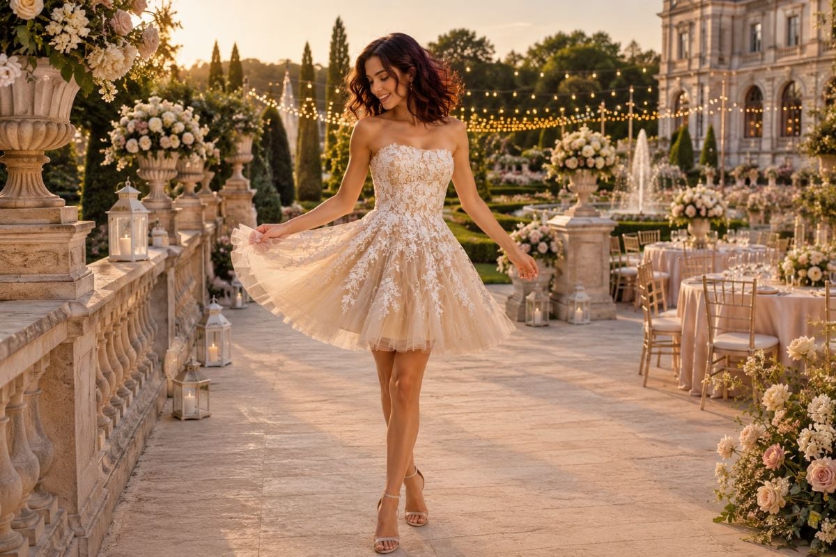 Strapless lace Sweet 16 party dress