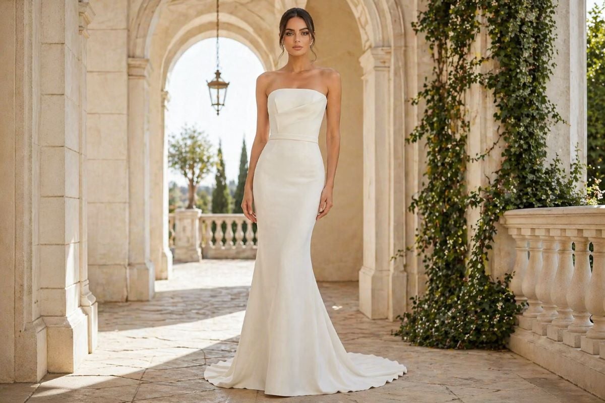 Strapless fitted wedding dress with clean modern lines