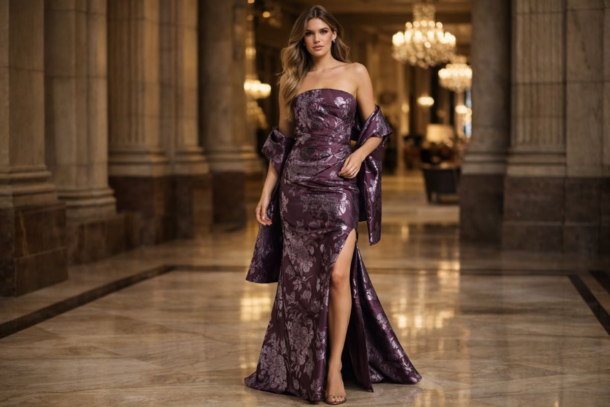 Strapless plum brocade gown in luxury hotel lobby