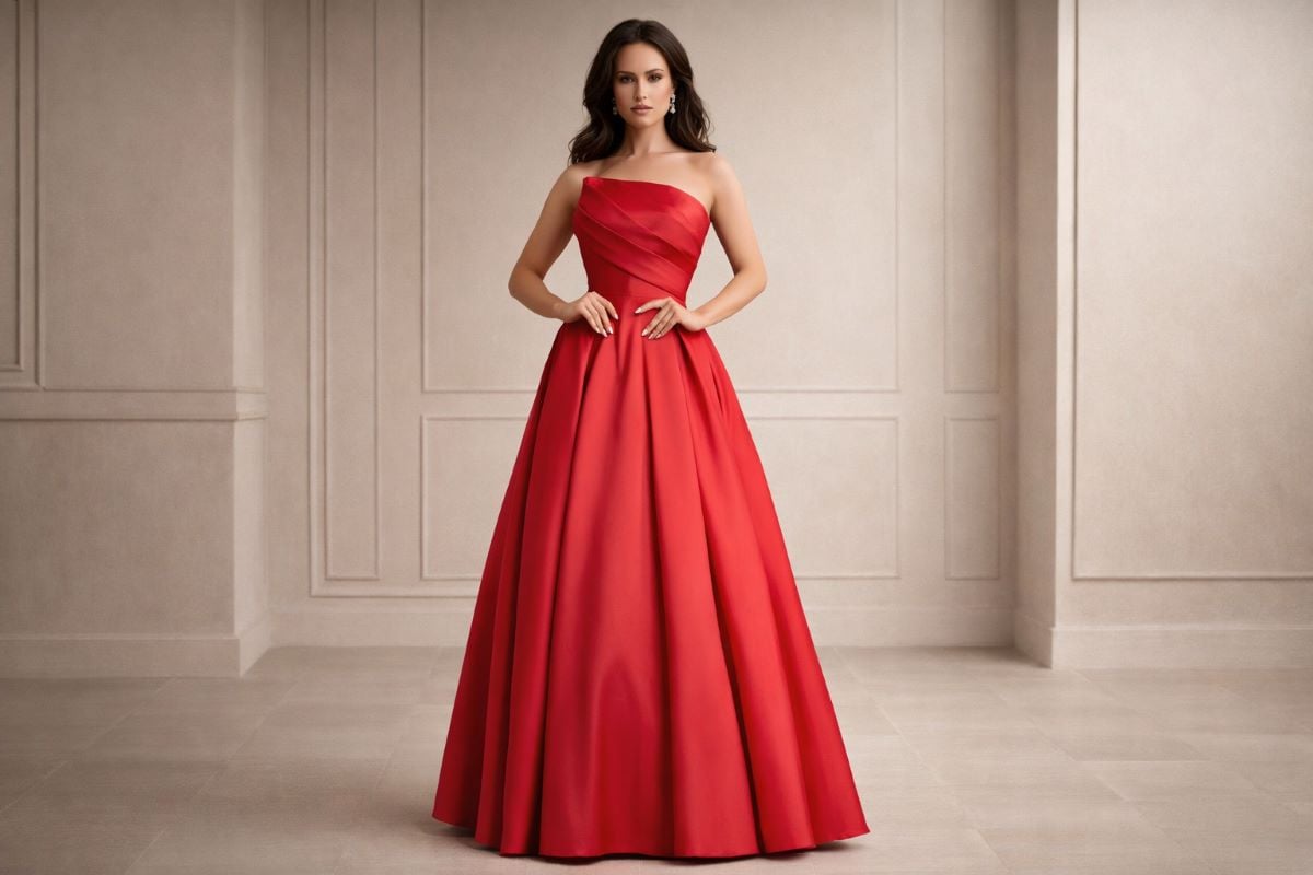 Strapless structured evening gown with full skirt