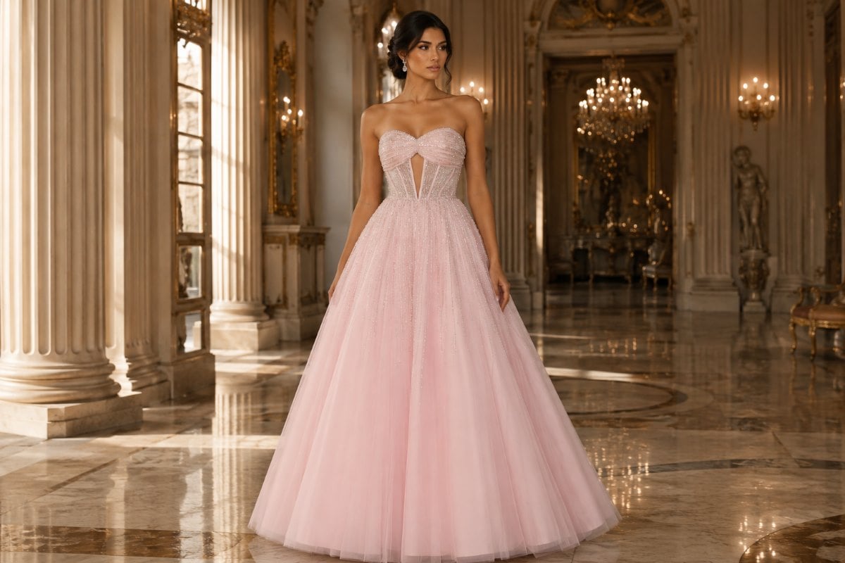 Strapless tulle ball gown with crystal corset bodice