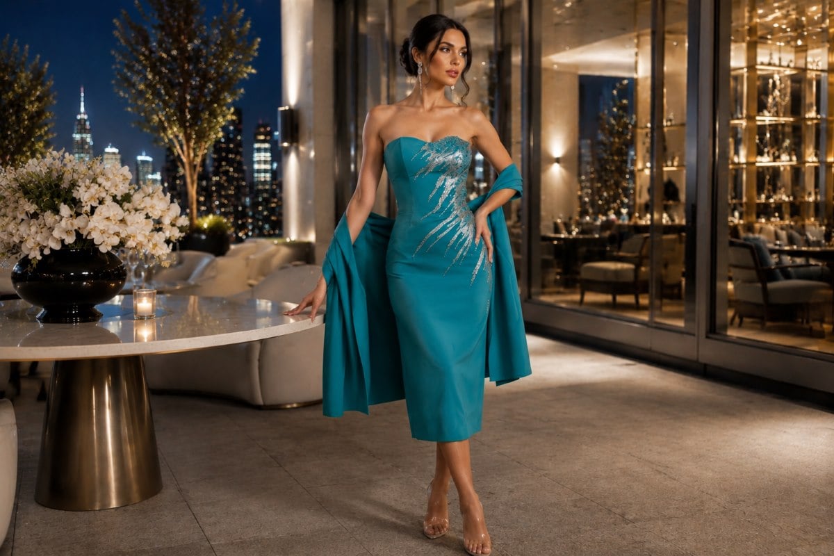 Strapless turquoise midi formal dress