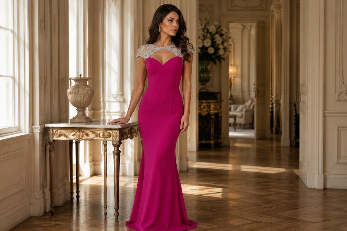 Structured fitted evening gown with crystal shoulder neckline detail
