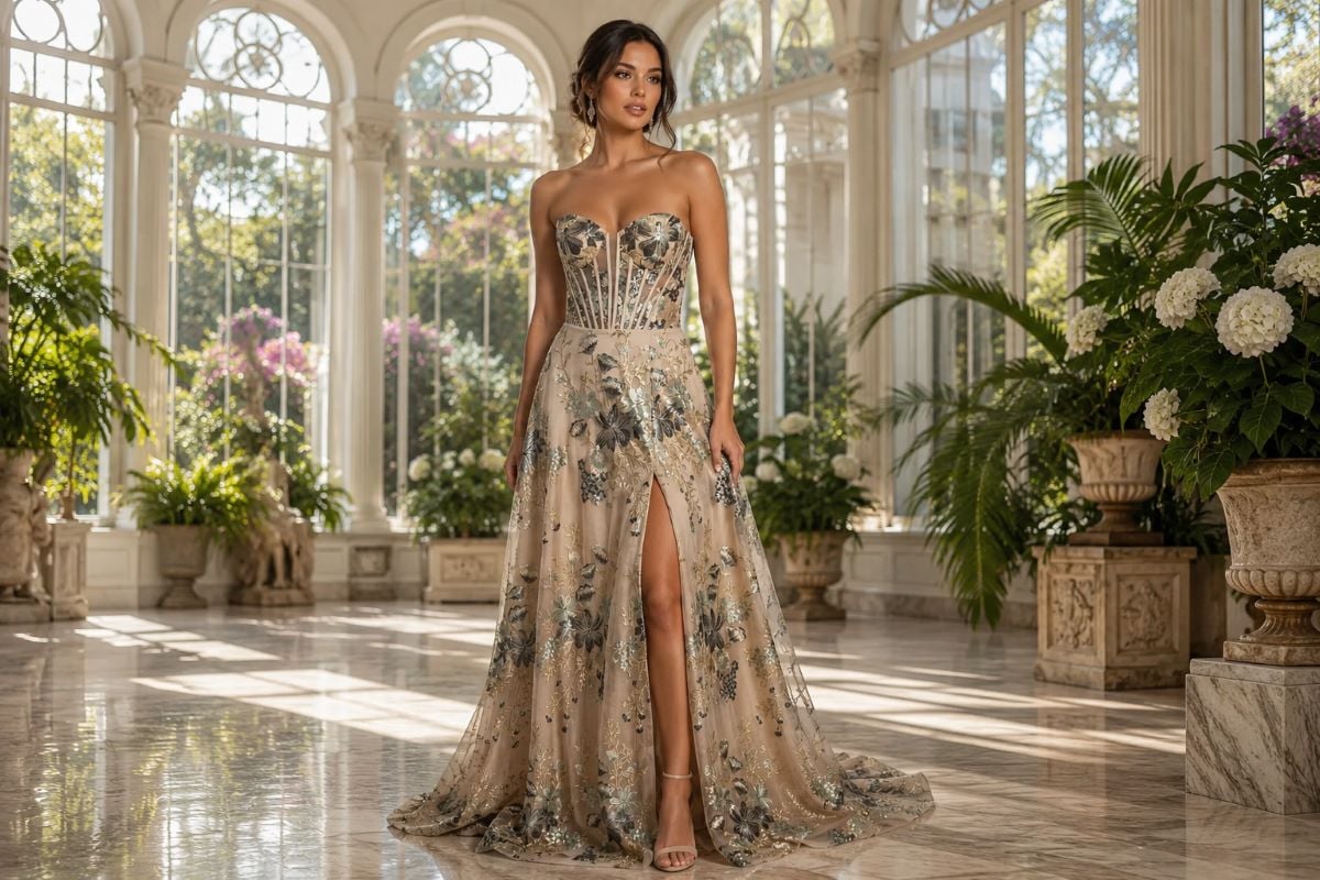 Structured Floral Corset Evening Gown