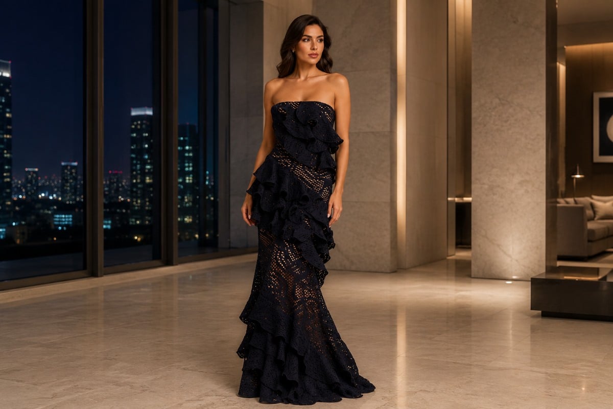 Structured strapless mermaid evening gown with layered ruffles