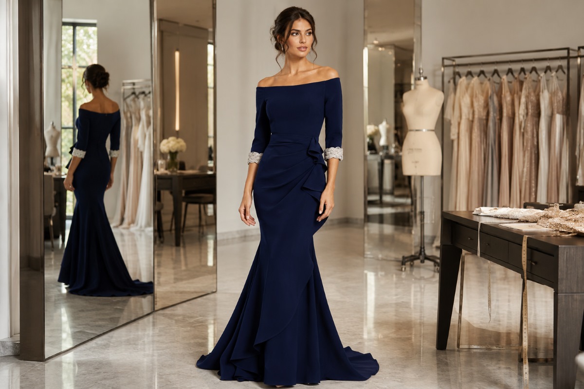 Structured mermaid gown during couture fitting session