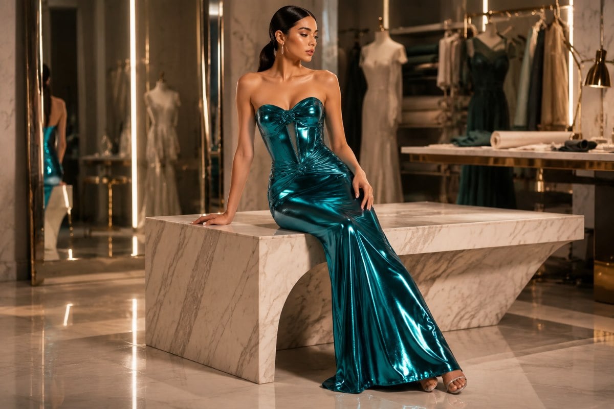 Metallic teal structured column gown in couture atelier