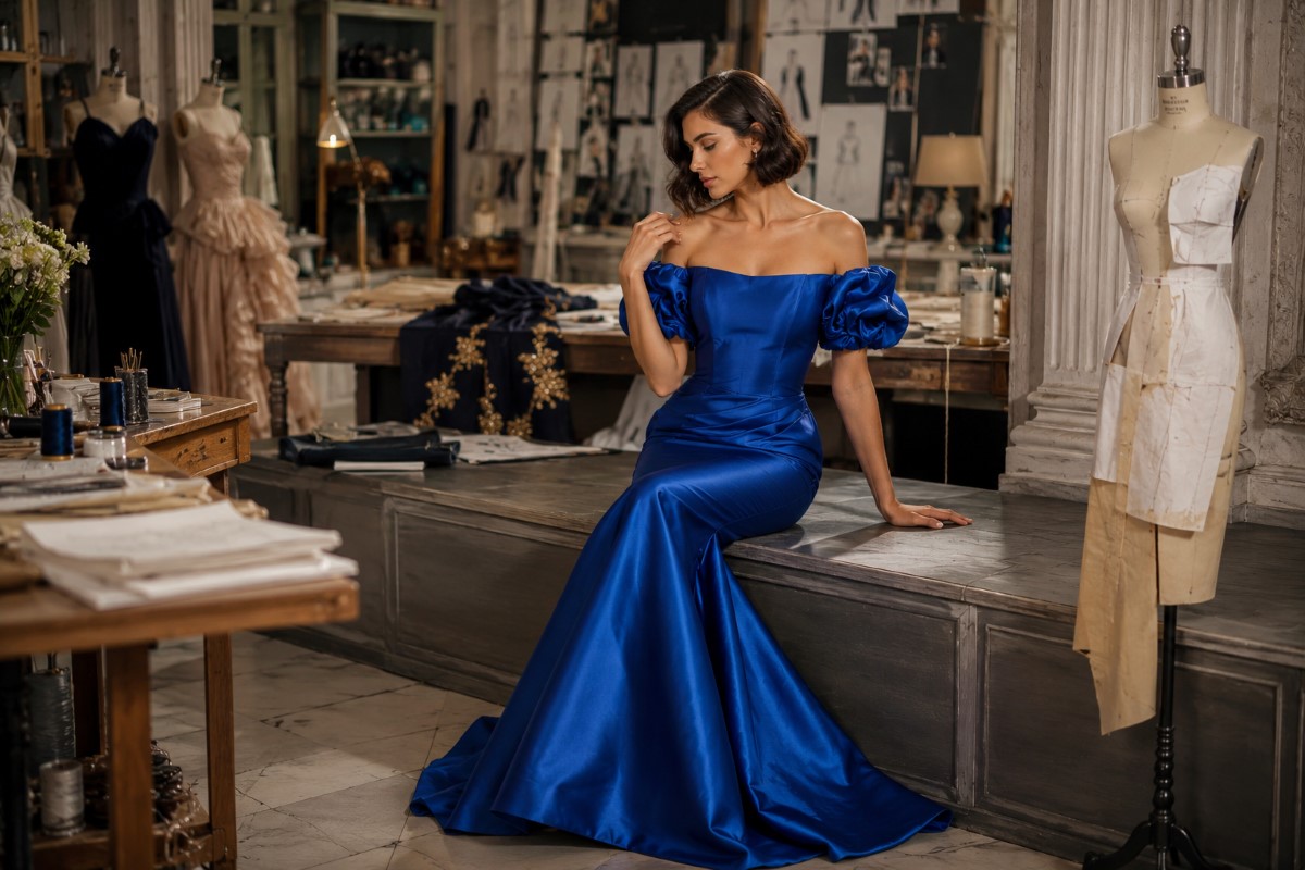 Structured off shoulder wedding guest gown