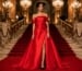 Over the shoulder evening gown pose with train