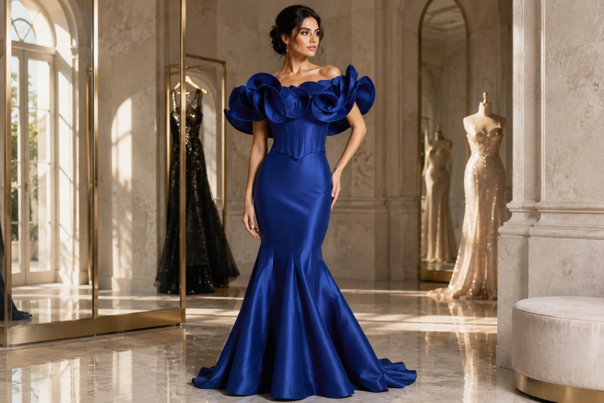 Structured satin mermaid gown with sculpted bodice