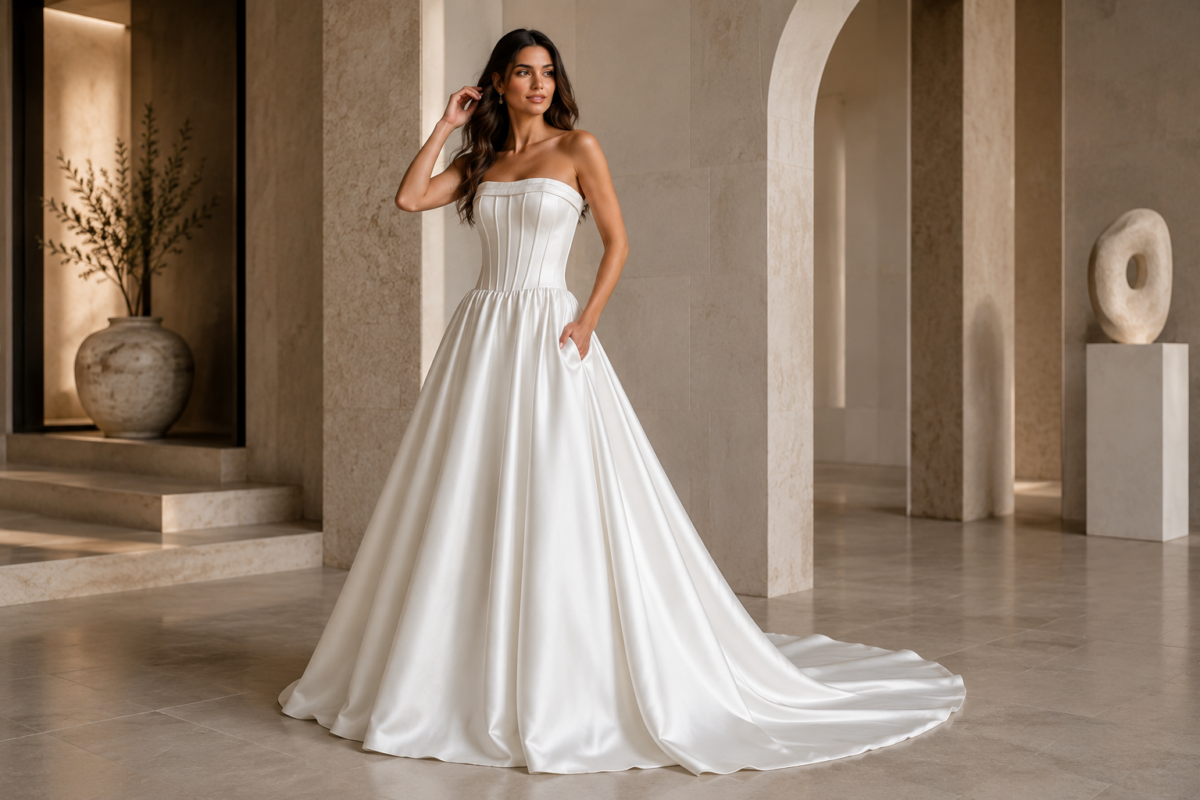 Bride in structured satin mikado A-line wedding gown