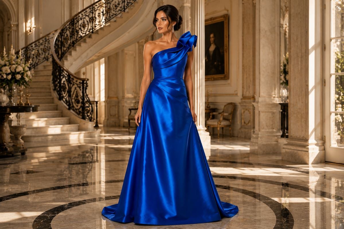 Structured satin mother of the bride gown