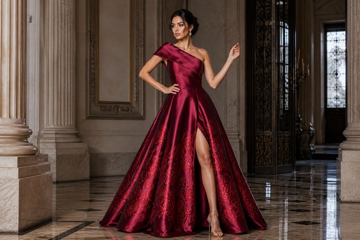 Structured satin gown with one shoulder neckline and full skirt