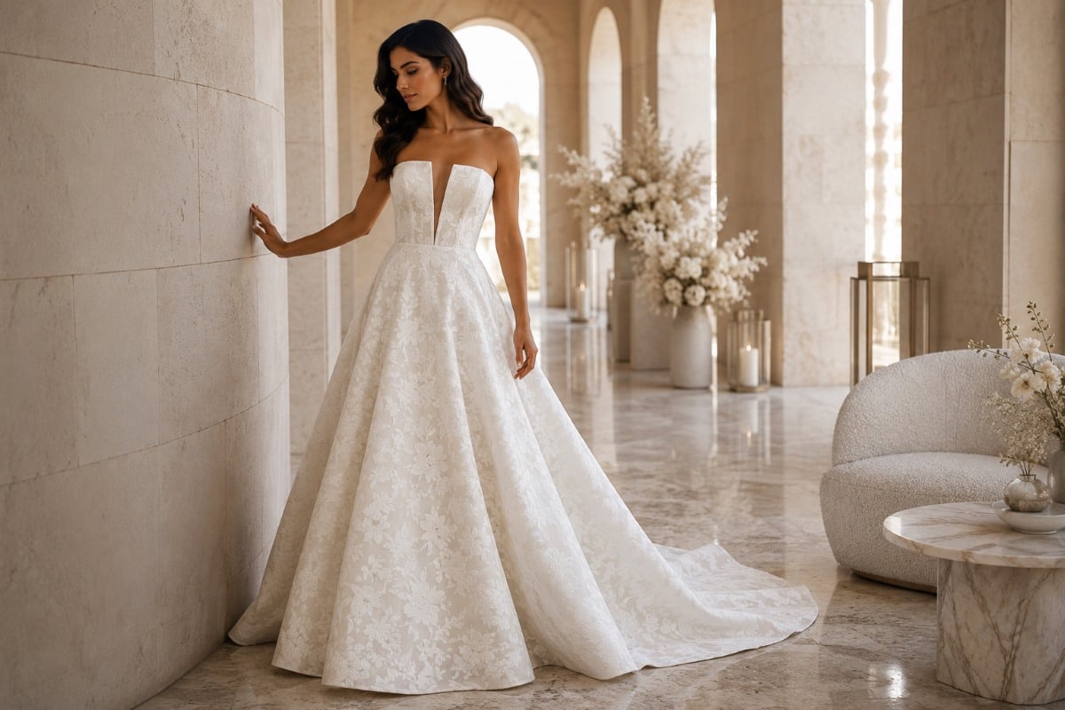 Structured ivory bridal gown with floral textured fabric