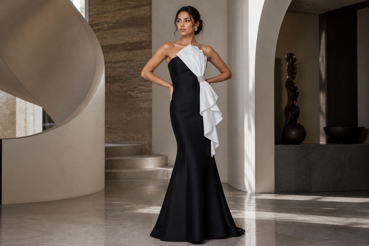 Structured gown with draped fabric panel showing contrast in texture
