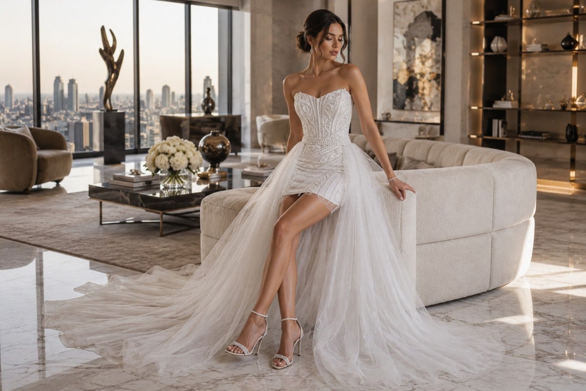 Beaded bridal mini dress editorial styling