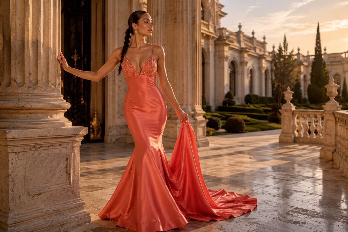Sunset coral satin mermaid gown at luxury estate