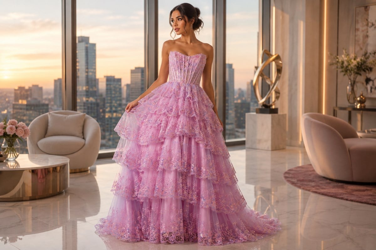 Tiered couture gown with modern tailoring inspiration