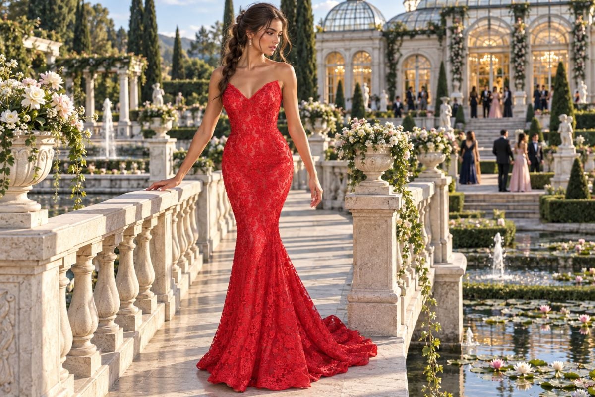 Tall girl red lace mermaid prom gown