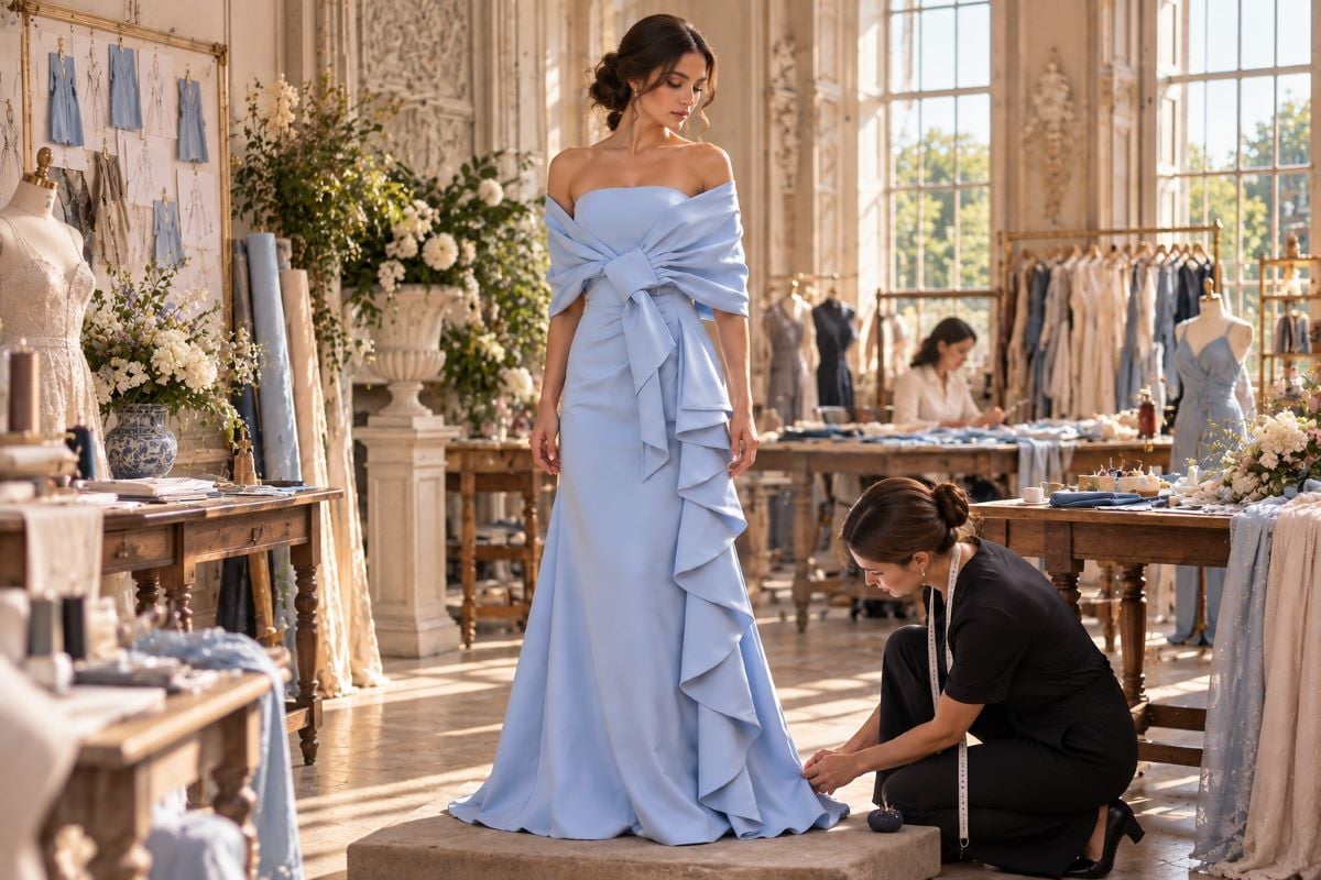 Tall woman blue gown fitting alterations