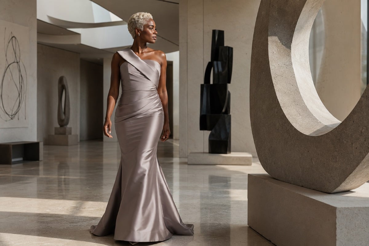 Taupe mermaid gown contemporary gallery walk