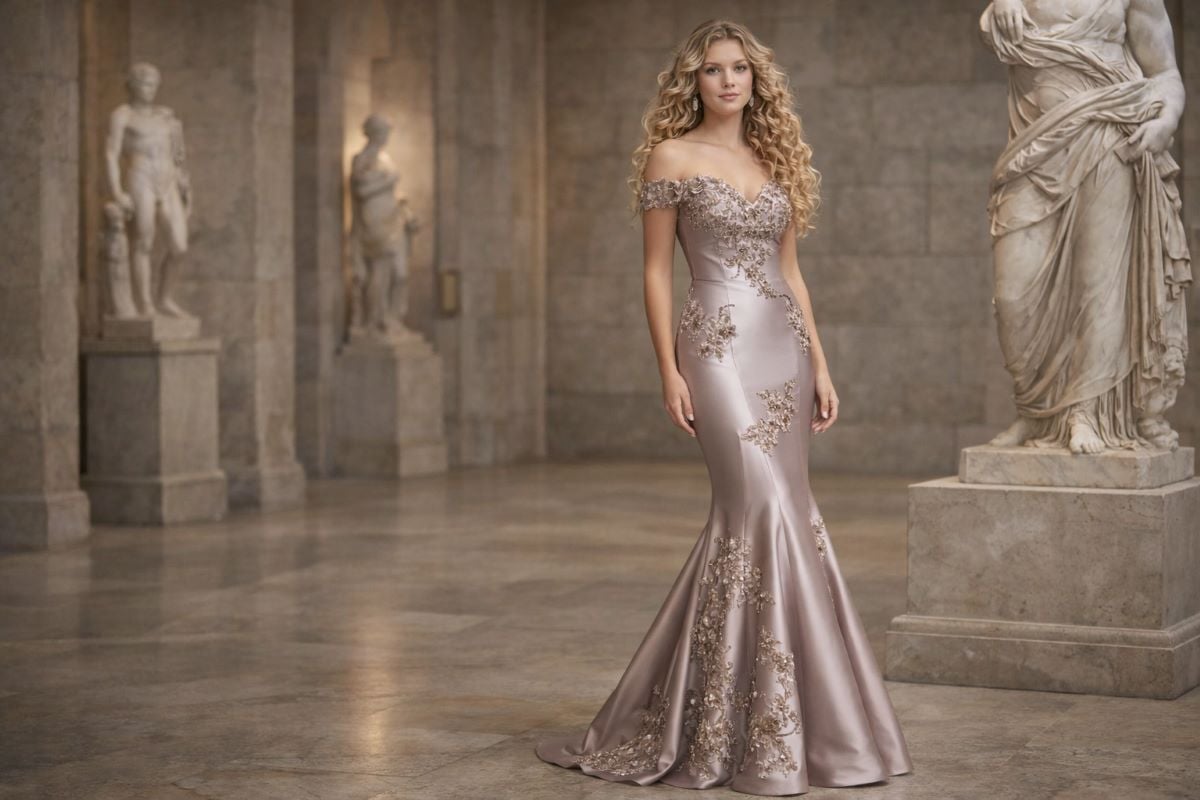 Taupe satin off-shoulder mermaid gown with floral appliqué