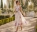 Romantic tea length floral wedding guest dress