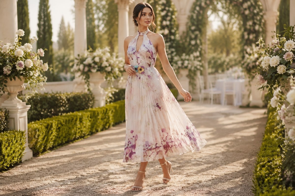 Romantic tea length floral wedding guest dress