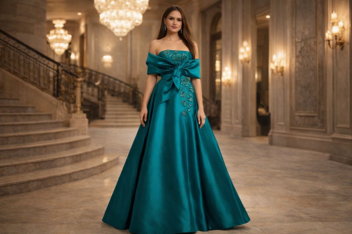 Teal A-line evening gown with bow and beaded detail