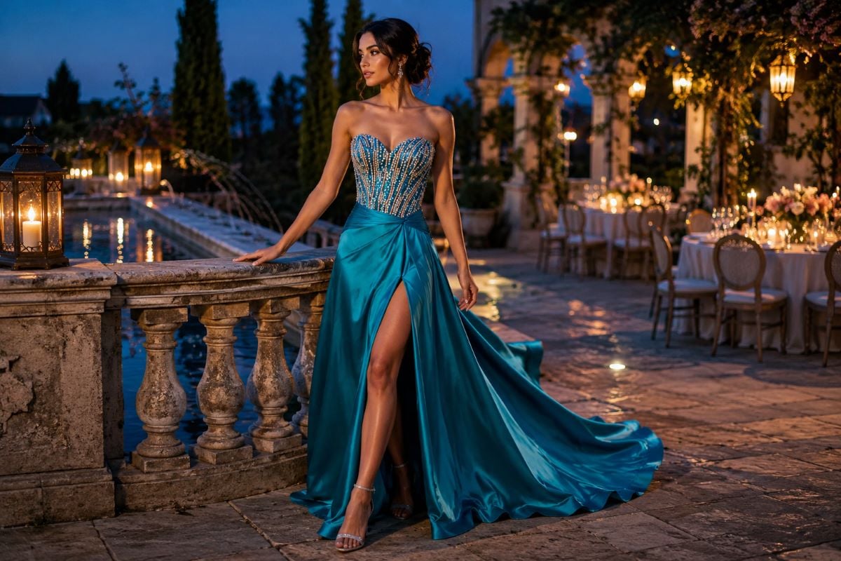 Teal A-line prom gown on terrace