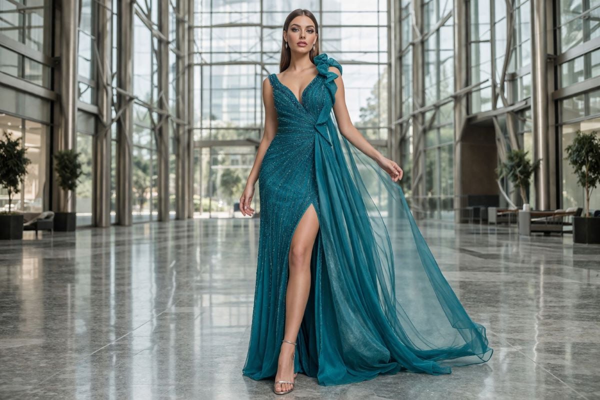 teal beaded evening gown with deep V neckline and high slit