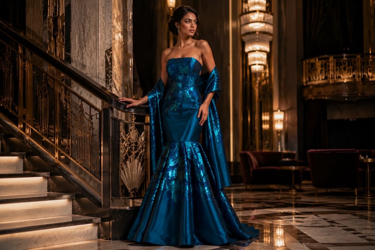 Teal drop waist gown art deco fashion look