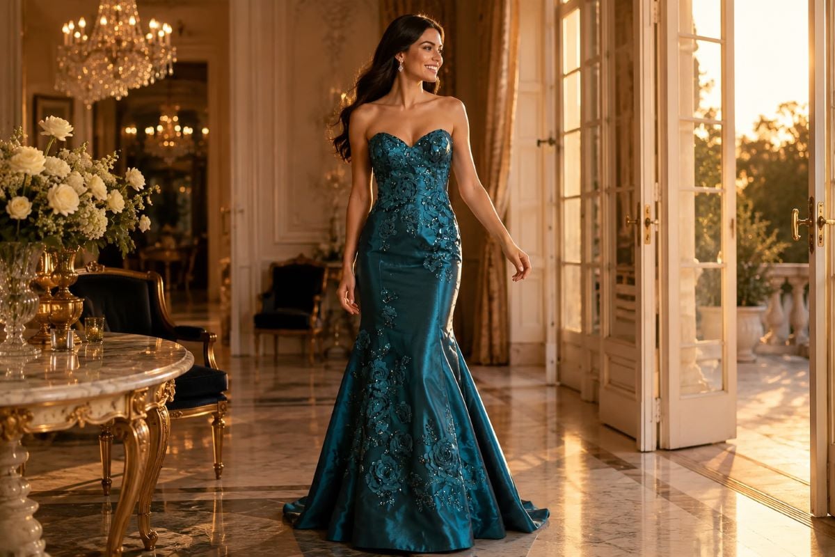Teal embellished mermaid gown at luxury gala salon