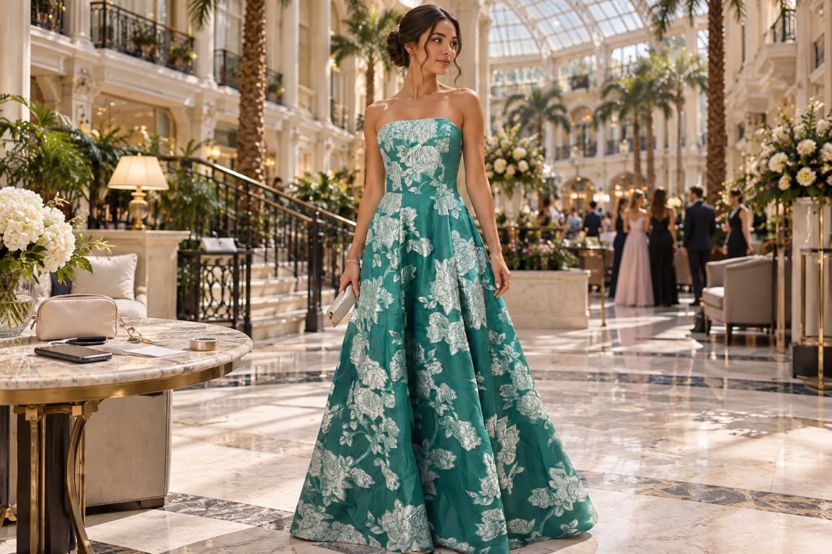 Teal floral prom gown with clutch essentials