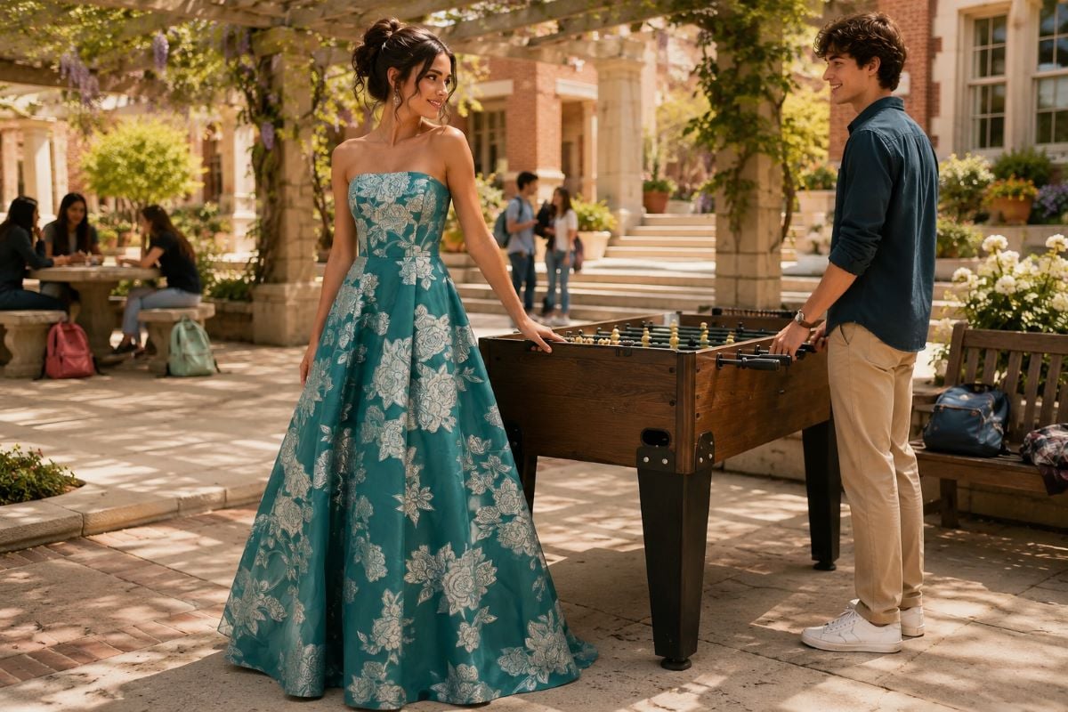Teal floral prom gown playful promposal