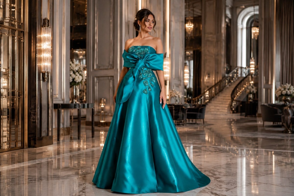 Teal floral embellished satin ball gown in luxury mansion interior