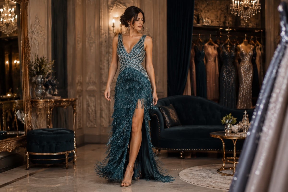 Teal fringe prom dress editorial style
